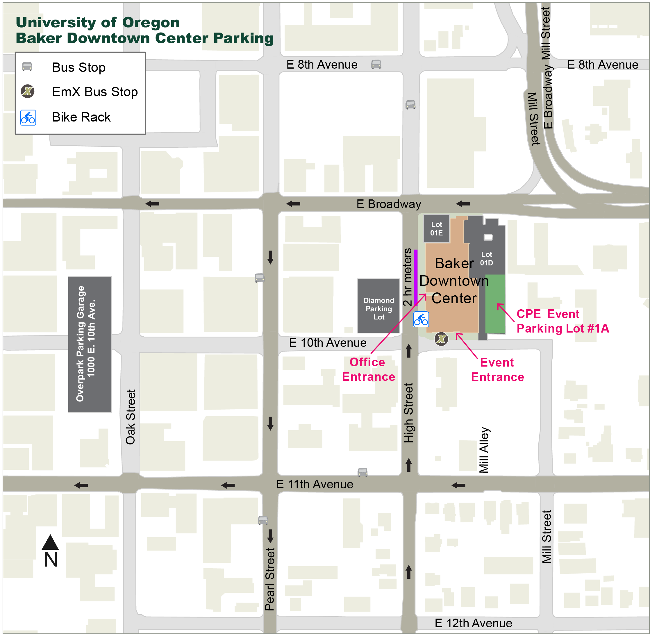Map illustration of the University of Oregon Baker Downtown Center parking lots and building entrances. It shows the UO Baker Downtown Center is located on High Street filling the block between East 10th Avenue and East Broadway. There are two large parking lot behind the building which can be accessed from East Broadway and East 10th Avenue. The UO Continuing and Professional Education event parking lot #1A is the south lot and accessed from East 10th Avenue. The event entrance to the UO Baker Downtown Center is located on East 10th Avenue near the LTD EmX bus stop. The entrance to the main UO Continuing and Professional Education office is on High Street near the corner of 10th and High.